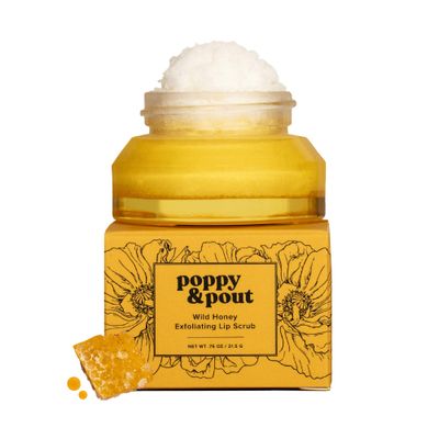 Poppy &amp; Pout Natural Lip Scrub, Moisturizing Sugar Scrub for Dry Lips, Lip Scrubber Exfoliator with Essential Oils Smooths and Hydrates Lips, In Recyclable Glass Jars, Cruelty Free - Wild Honey