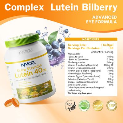 NYO3 Lutein &amp; Zeaxanthin 40mg with Blueberry, 30 Softgels Eyes Vitamins and Mineral Supplement- Eye Vision Health | Antioxidant Support