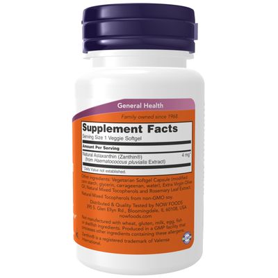 NOW Foods Supplements, Astaxanthin 4 mg, features Zanthin, Supports Eye Health, 60 Veg Softgels