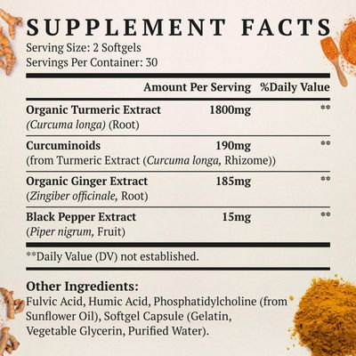 Liposomal Turmeric Curcumin Supplement 2000mg, 95 Standardized Curcuminoid Extract &amp; Organic Root Powder with Piperine Black Pepper Fruit (15mg), 60 softgels