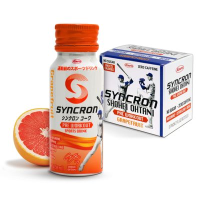 Syncron Pre Workout Sports Drink Endorsed by Shohei Ohtani, Aluminum Bottled, Sugar Free Pre Workout Drink with L Arginine, L Citrulline &amp; BCAAs for Athletes &amp; Training, Grapefruit, 6 Pack, 2 oz