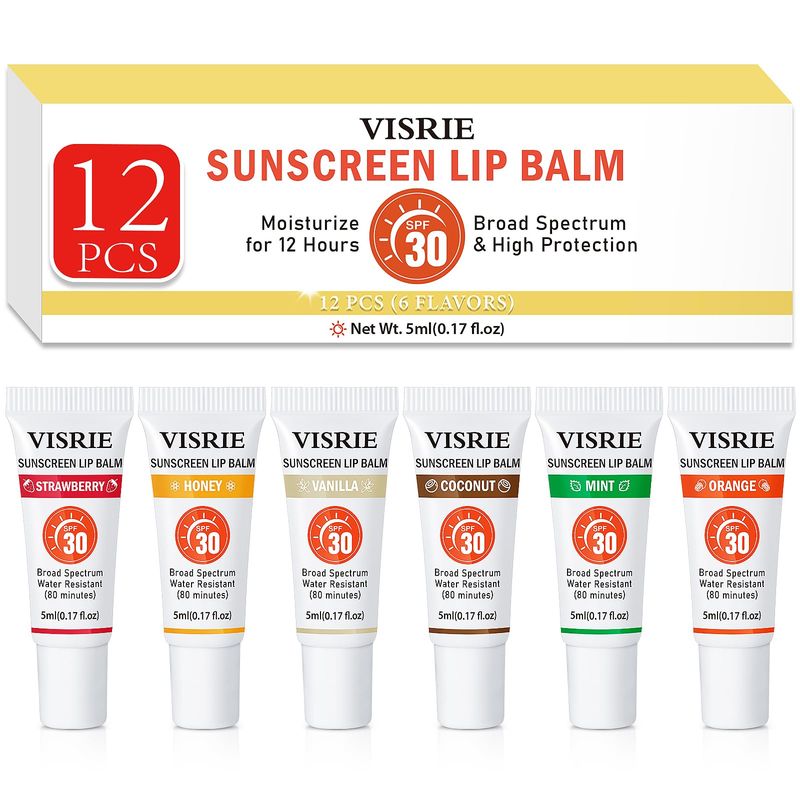 VISRIE SPF 30 Lip Sunscreen, SPF Lip Balm Bulk 12 Pack, Moisturizing Sunscreen Lip Balm with Vitamin E and Shea Butter, Non-Sticky SPF Lip Gloss for All Skin Tones-Clear