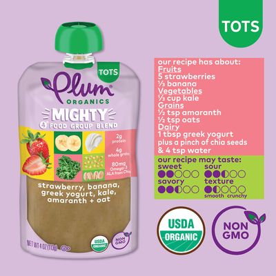 Plum Organics Mighty 4 Organic Toddler Food - Strawberry, Banana, Greek Yogurt, Kale, Amaranth, and Oat - 4 oz Pouch (Pack of 4) - Organic Fruit and Vegetable Toddler Food Pouch