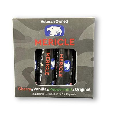 Mericle All Natural Lip Balm 4-Pack - Cherry, Vanilla, Original, Peppermint - Made in USA - Veteran Owned - Moisturizing Lip Care
