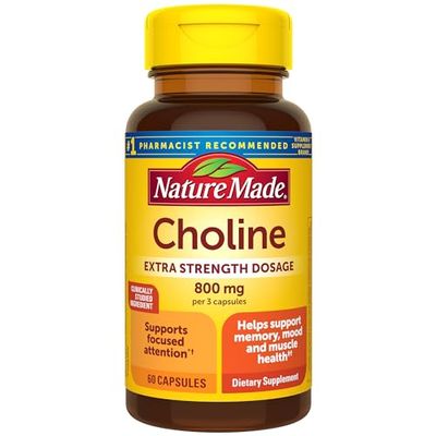 Nature Made Extra Strength Dosage Choline Supplements 800 Mg Per 3 Capsules, Brain Health, Mood, Muscle &amp; Liver Support, Vegetarian, 60 Capsules, 20 Day Supply