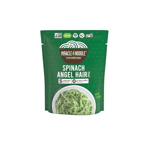 Miracle Noodle Spinach Angel Hair Pasta - Ready-To-Eat Plant Based Shirataki Noodles, Keto, Vegan, Gluten-Free, Paleo, Konjac Noodles, Low Calorie &amp; Carb Pasta, Soy Free, Non-GMO - 7 Oz, 1-Pack