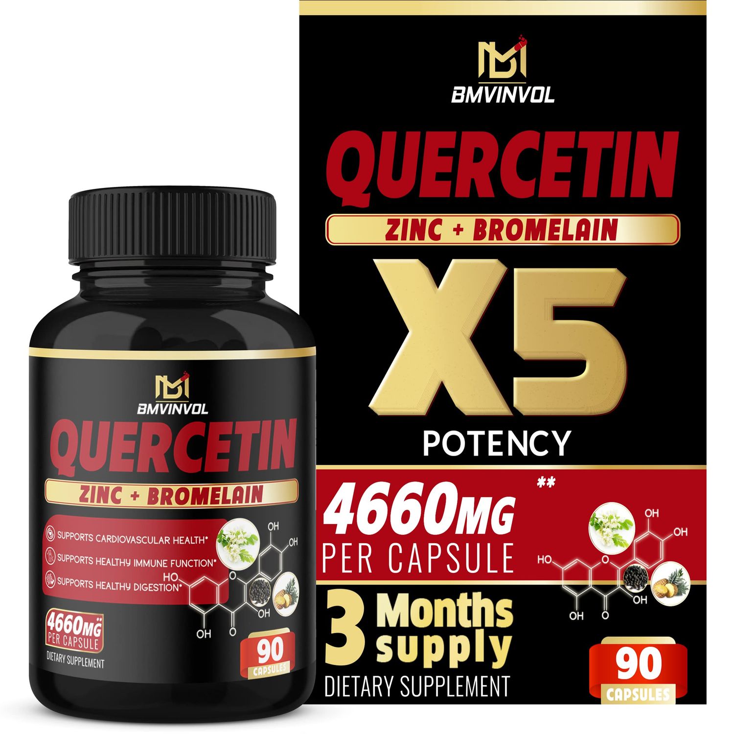 BMVINVOL Quercetin Supplement - Supports Cardiovascular Health, Immune System and Antioxidant - with Bromelain, Black Pepper Extract - 3 Months Supply