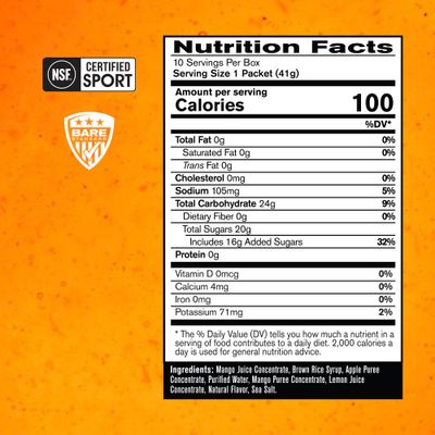 BARE PERFORMANCE NUTRITION, BPN Go Gel Endurance, 24g of Carbohydrates & 100 Calories per Pack, Vegan Gluten Free Running Gel, 10 Single-Serving Packs, Mango