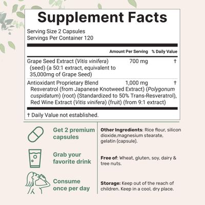 Grape Seed Extract 36,000mg Equivalent, 240 Capsules | Antioxidant Blend with Resveratrol &amp; Red Wine Extracts | Max Strength Polyphenols Supplement | Heart, Brain, Cell, &amp; Skin Health Support