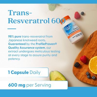 Doctor's Best Trans- Resveratrol 600, 98 Pure Trans-Resveratro, Non-GMO, Gluten Free, Soy Free, Vegan 60 Veggie Caps
