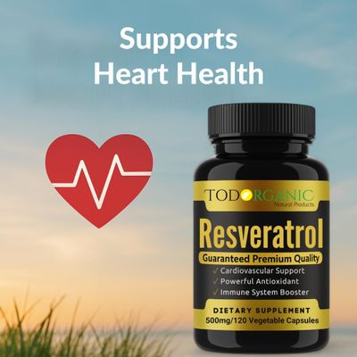 Todorganic Resveratrol Supplements 500mg Organic | 120 Vegan Capsules | Advanced Antioxidant for Heart Health, Healthy Aging &amp; Cellular Energy Support