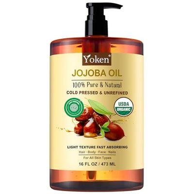 Yoken Pure Jojoba Oil Organic USDA Certified 16 fl oz, 100 Natural Jojoba Oil for Hair, Skin &amp; Face, Cold Pressed Unrefined, Deeply Moisturizing Body Carrier Oils for Essential Oils Mixing