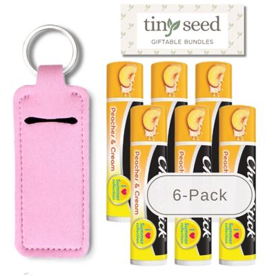 TINY SEED Lip Balm Gift Set: Peaches and Cream 6-Pack. Limited Edition Flavor from I Love Summer Collection. Includes Lip Balm Holder Keychain (Pink).