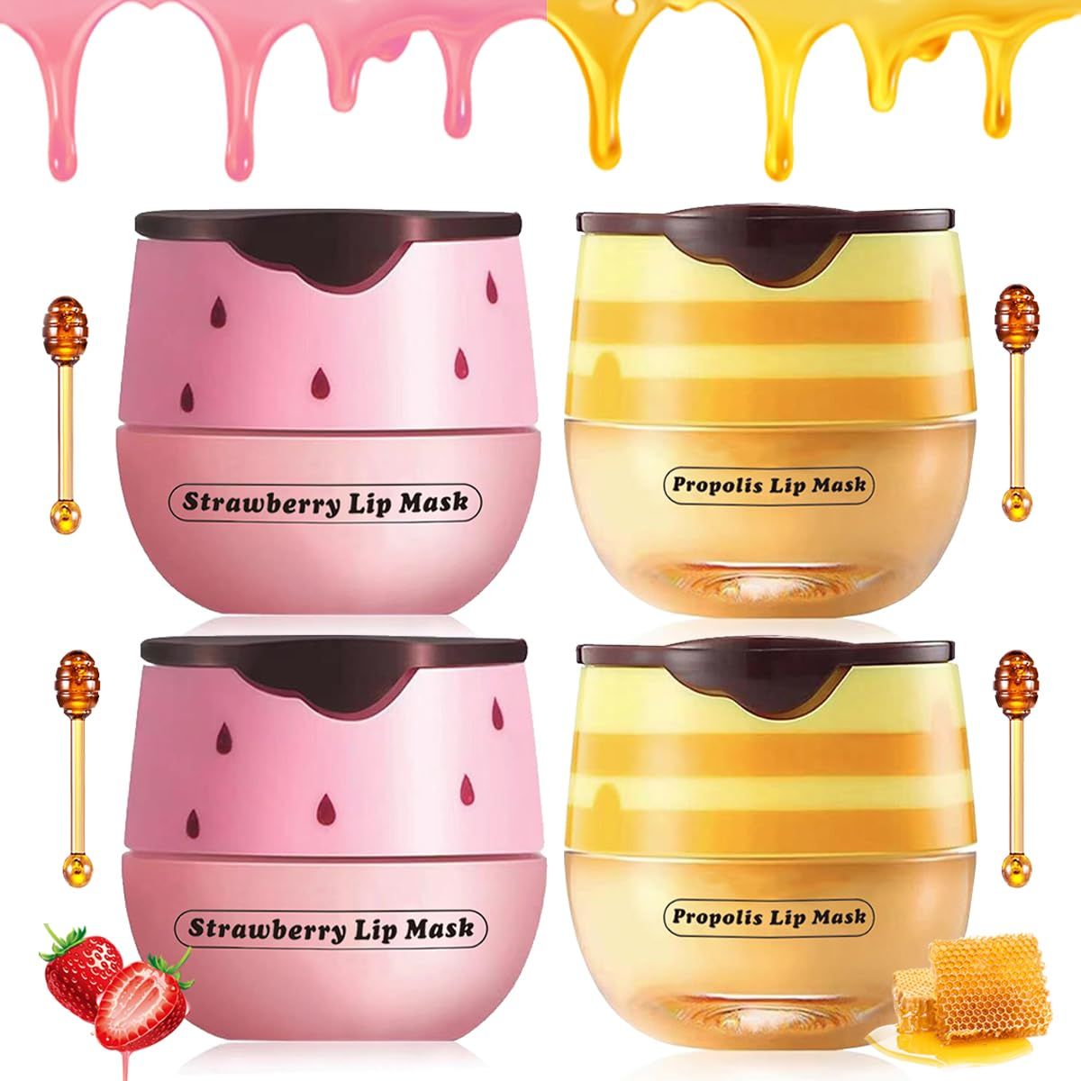 4 Pcs Strawberry &amp; Honey Lip Balm, Moisturizing Propolis Sleeping Lip Mask, Vitamin E Lip Masks, Hydrate Repair Prevent Dry Cracked Lip Exfoliator Lip Care (2 Pack Strawberry - 2 Pack Honey)
