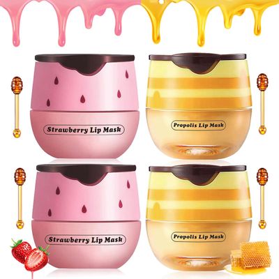 4 Pcs Strawberry &amp; Honey Lip Balm, Moisturizing Propolis Sleeping Lip Mask, Vitamin E Lip Masks, Hydrate Repair Prevent Dry Cracked Lip Exfoliator Lip Care (2 Pack Strawberry - 2 Pack Honey)