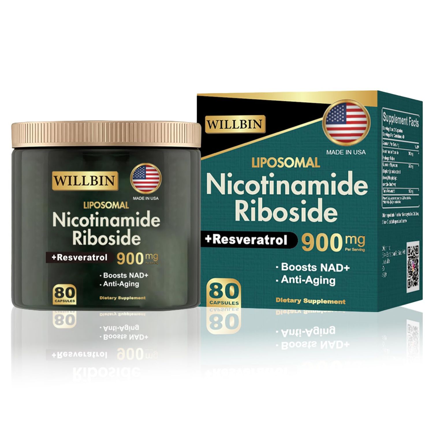 Willbin NAD Supplement - Liposomal Nicotinamide Riboside, Resveratrol, Quercetin High Purity NAD Supplement for Anti-Aging, Energy, Focus - 80 Capsules (40 Serving)