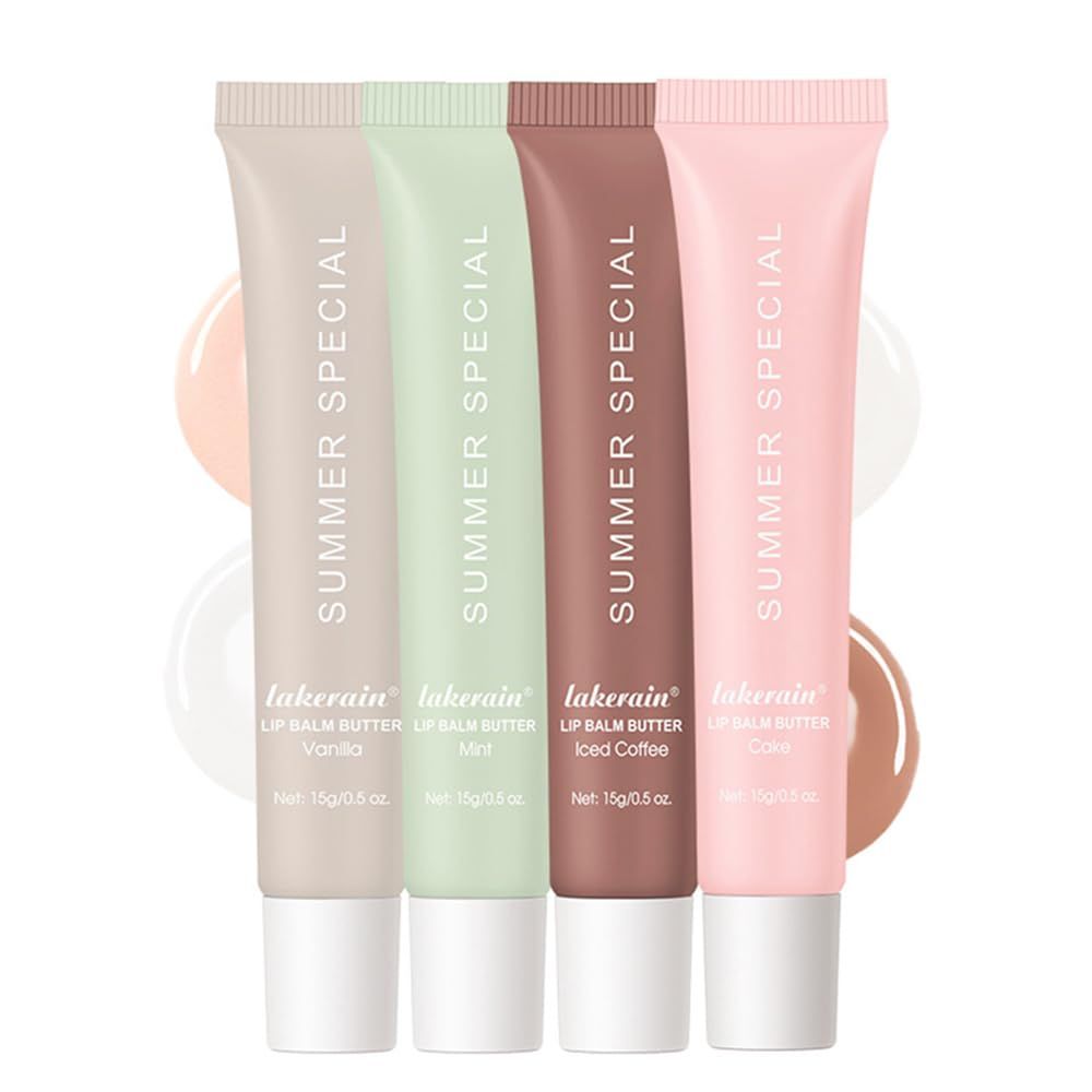 4Pcs Summer Tinted Lip Butter Balm - Ultra-Hydrating, Nourishing Lip Care with Natural Ingredients, Soothes &amp; Softens Dry Lips, Birthday Cake with Slight Shine (VanillaMintCoffeeCake, 4Pcs)