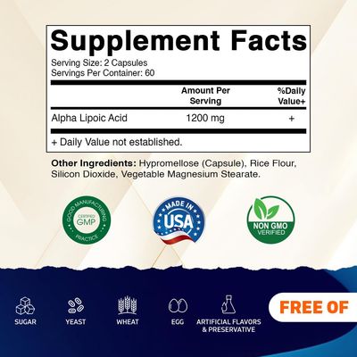 Vitamatic Alpha Lipoic Acid 1200mg Per Serving, 120 Capsules - Gluten Free, Vegetarian Capsules, Soy Free &amp; Non-GMO