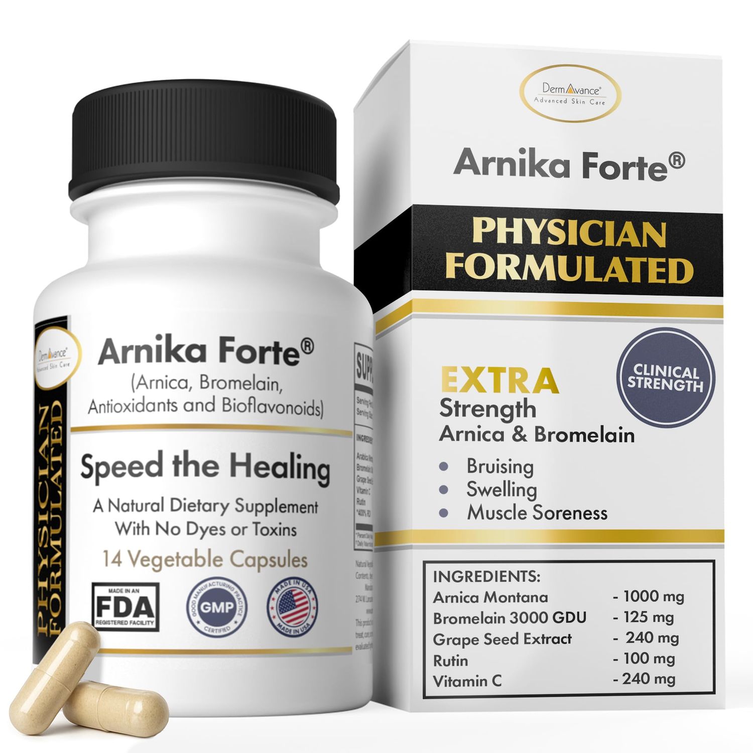 DermAvance Arnika Forte Capsules - Swelling and Bruising Reducer After Surgery and Aesthetic Treatments, Antioxidants &amp; Bioflavonoids, Arnica 1000mg, Bromelain 125mg 3000GDU - 14 Capsules