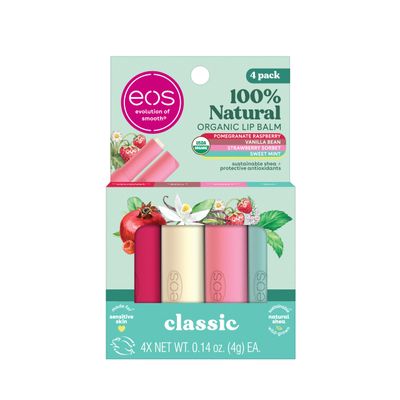 eos 100 Natural &amp; Organic Lip Balm Sticks- Strawberry Sorbet, Vanilla Bean, Sweet Mint &amp; Pomegranate Raspberry, Lip Care Products, 0.14 oz, 4-Pack
