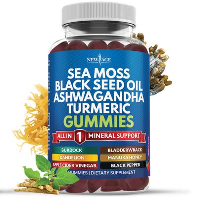 NEW AGE Sea Moss Gummies, Sea Moss, Black Seed, Ashwagandha, Turmeric, Manuka Honey, ACV, Dandelion, Black Pepper, Burdock, Bladderwrack, Vegan - 60 Count