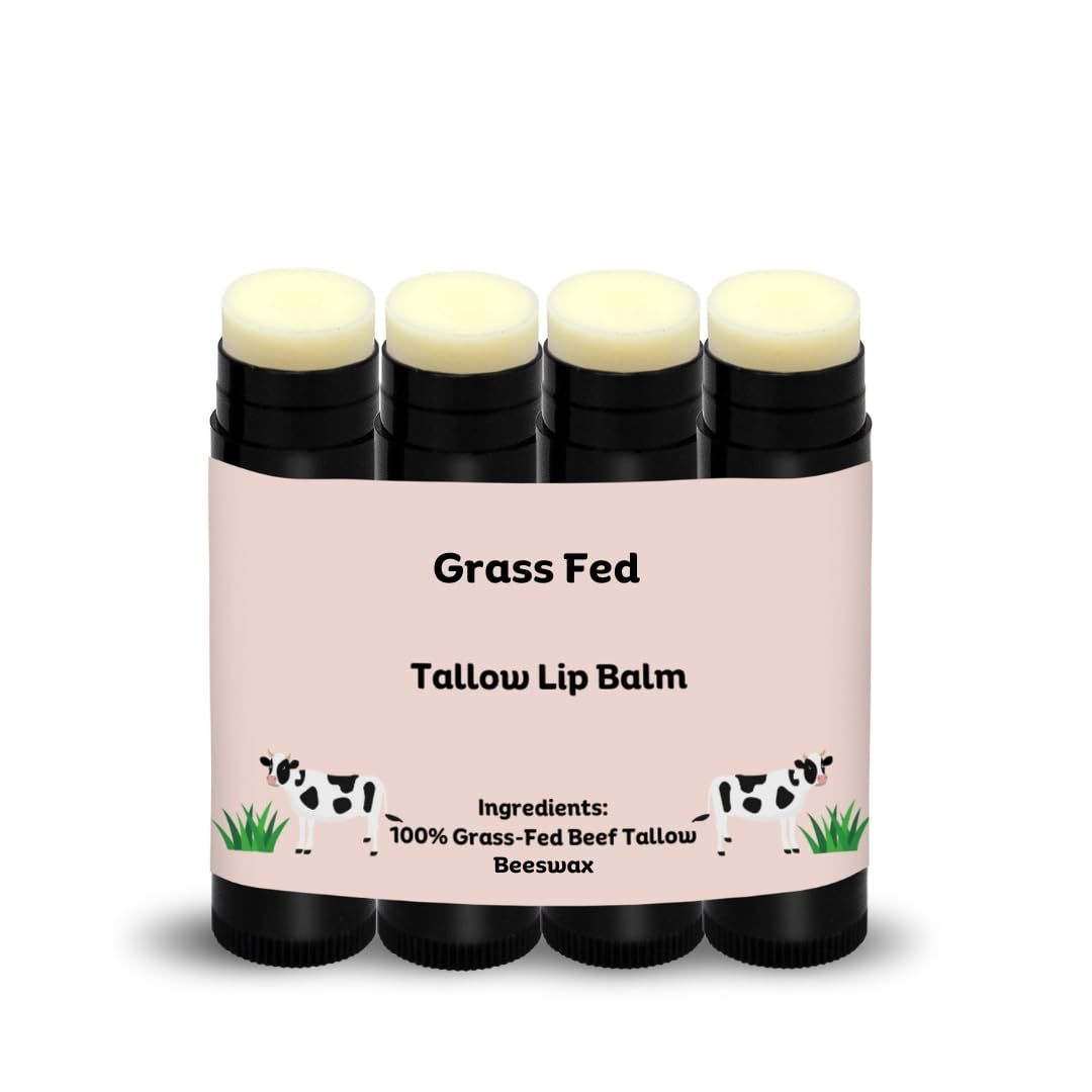 Beef Tallow Lip Balm 100 Grass Fed &amp; Organic, Animal Based Skincare, Carnivore Beauty, Natural Hydrating (4 Pack), Black