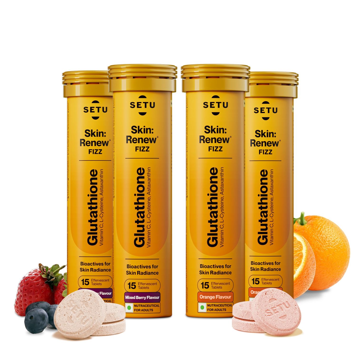 SETU Renew Glutathione Tablets | 30 Effervescent Tablets with 500mg L-Glutathione &amp; Vitamin C | Sugar-Free Antioxidant Supplement for Clear, Glowing Complexion | Mixed Berry &amp; Orange (Pack of 4)