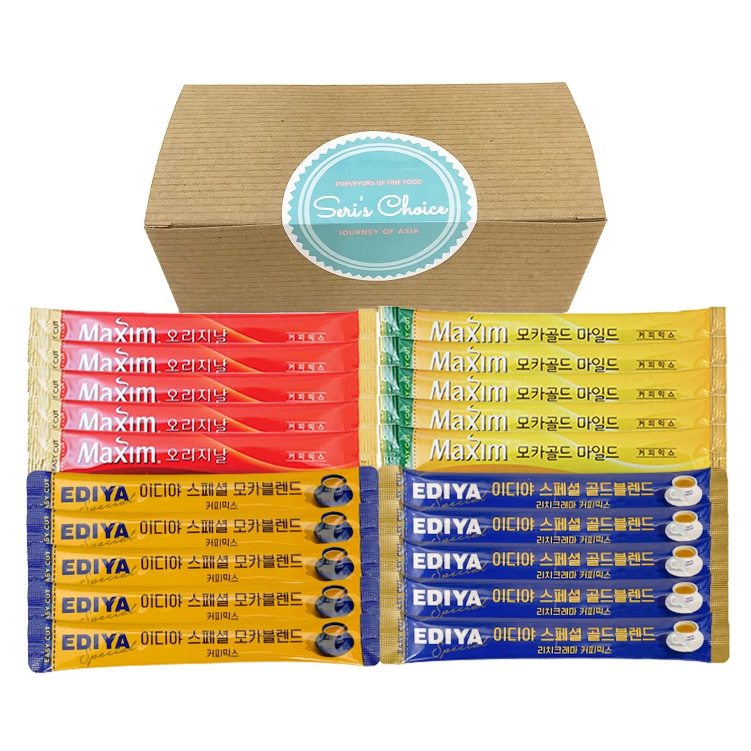 Journey of Asia &quot;Seri&#39;s Choice KOREAN Coffee Mix&quot; Variety Packets Sampler, Instant Coffee Mix 20 Sticks/Maxim Instant Coffee Original/Maxim Mocha Coffee/Ediya Special Blend
