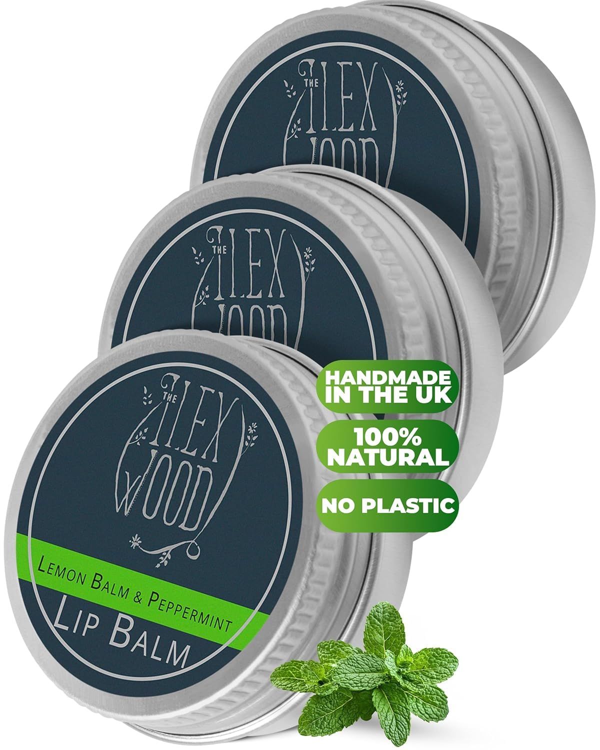 The Ilex Wood - Lip Balm Pack of 3 - Vegan Lemon Balm and Peppermint - All natural, coldsore prevention, palm oil free, cruelty free, plastic free, moisturising, handcrafted - 3 x 10ml