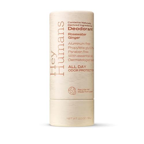 Hey Humans Deodorant, Aluminum Free Deodorant for Women and Men, Contains Naturally Derived Ingredients, All Day Odor Control, Refreshing Essential Oils, Earth Friendly Package, Rosewater Ginger