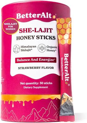 Better Alt SHE-Lajit Strawberry Honeysticks | Shilajit for Women - Shatavari &amp; Saffron for hormonal Balance &amp; Energy | Tasty Shilajit Honeysticks with Pure Himalayan Shilajit | 30 Sticks