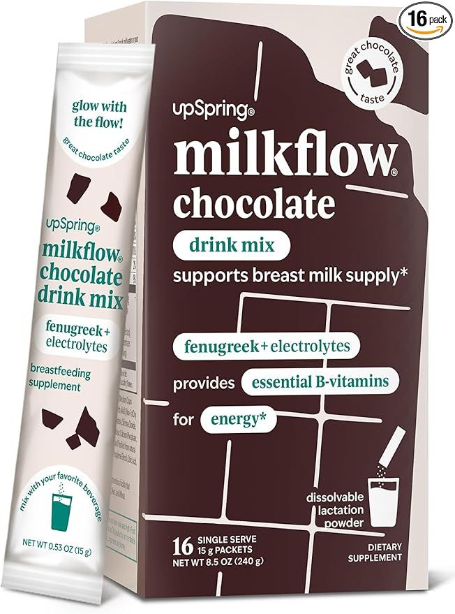 UpSpring Milkflow Breastfeeding Supplement Drink Mix with Fenugreek and B Vitamins to Support Breast Milk Supply and Energy, Chocolate Flavor, 16 Drink Mixes
