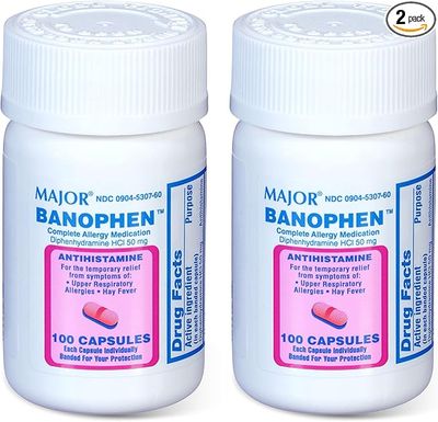 MAJOR Banohpen - Complete Allergy Medication - Diphenhydramine HCI 50 mg - Antihistamine - 100 Capsules (2 Pack)