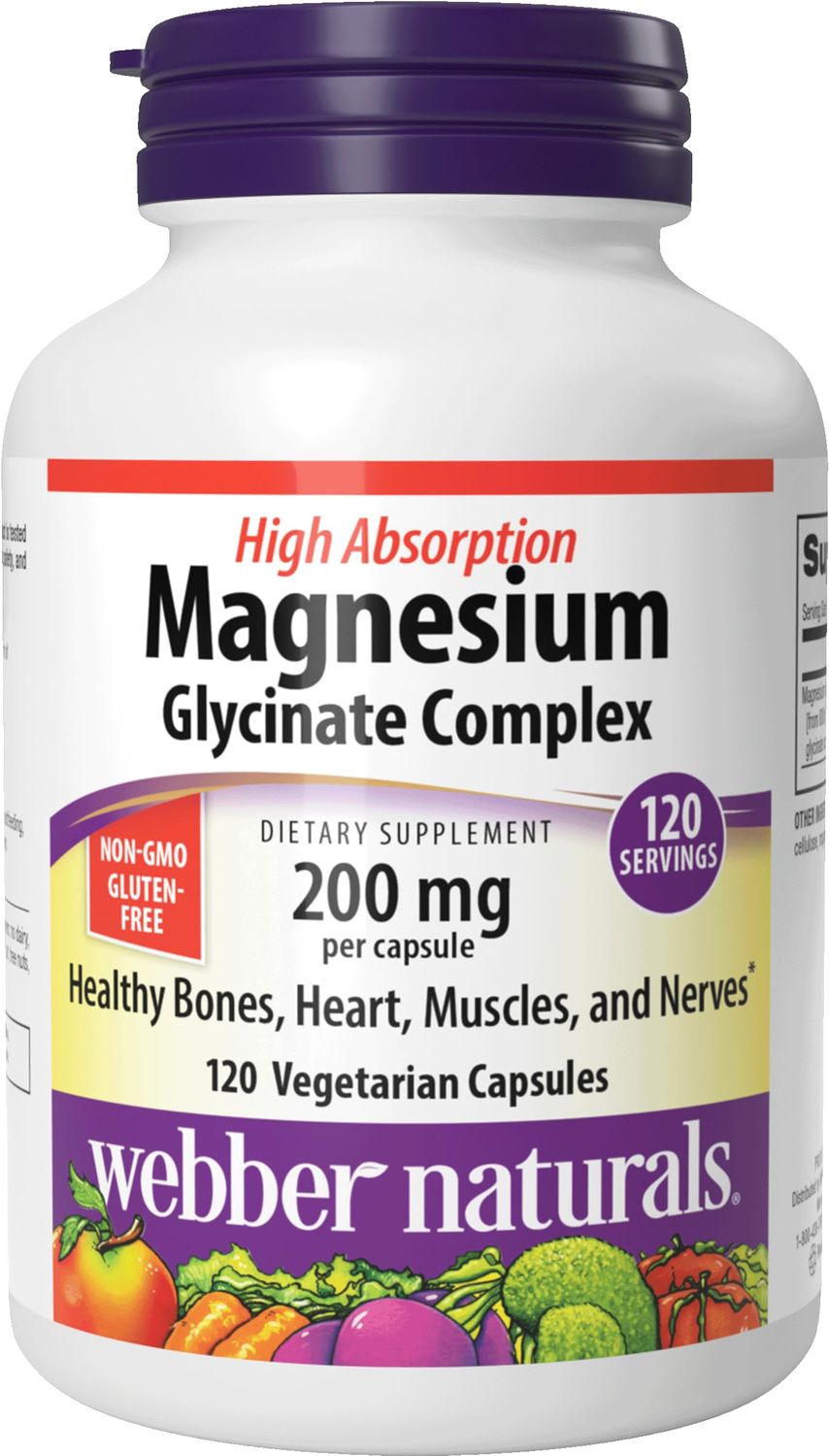 Webber Naturals Magnesium Glycinate Complex 200 mg, 120 Vegetarian Capsules, High Absorption Formula, Supports Bones, Heart, Muscles Nerves, One-per-Day, Vegan