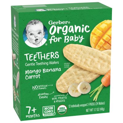 Gerber Organic for Baby Teethers, Mango Banana Carrot, Gentle Teething Wafers, Made with Non-GMO Ingredients, 12 Individually Wrapped 2 Packs Per Box - 1 BOX