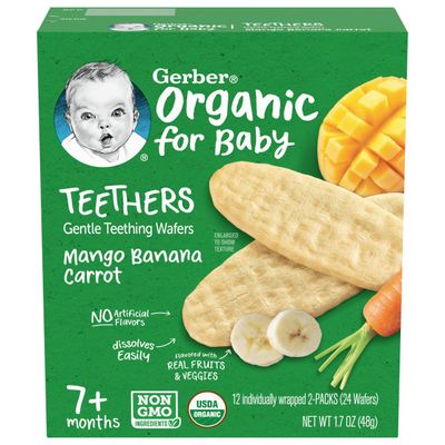 Gerber Organic for Baby Teethers, Mango Banana Carrot, Gentle Teething Wafers, Made with Non-GMO Ingredients, 12 Individually Wrapped 2 Packs Per Box - 1 BOX