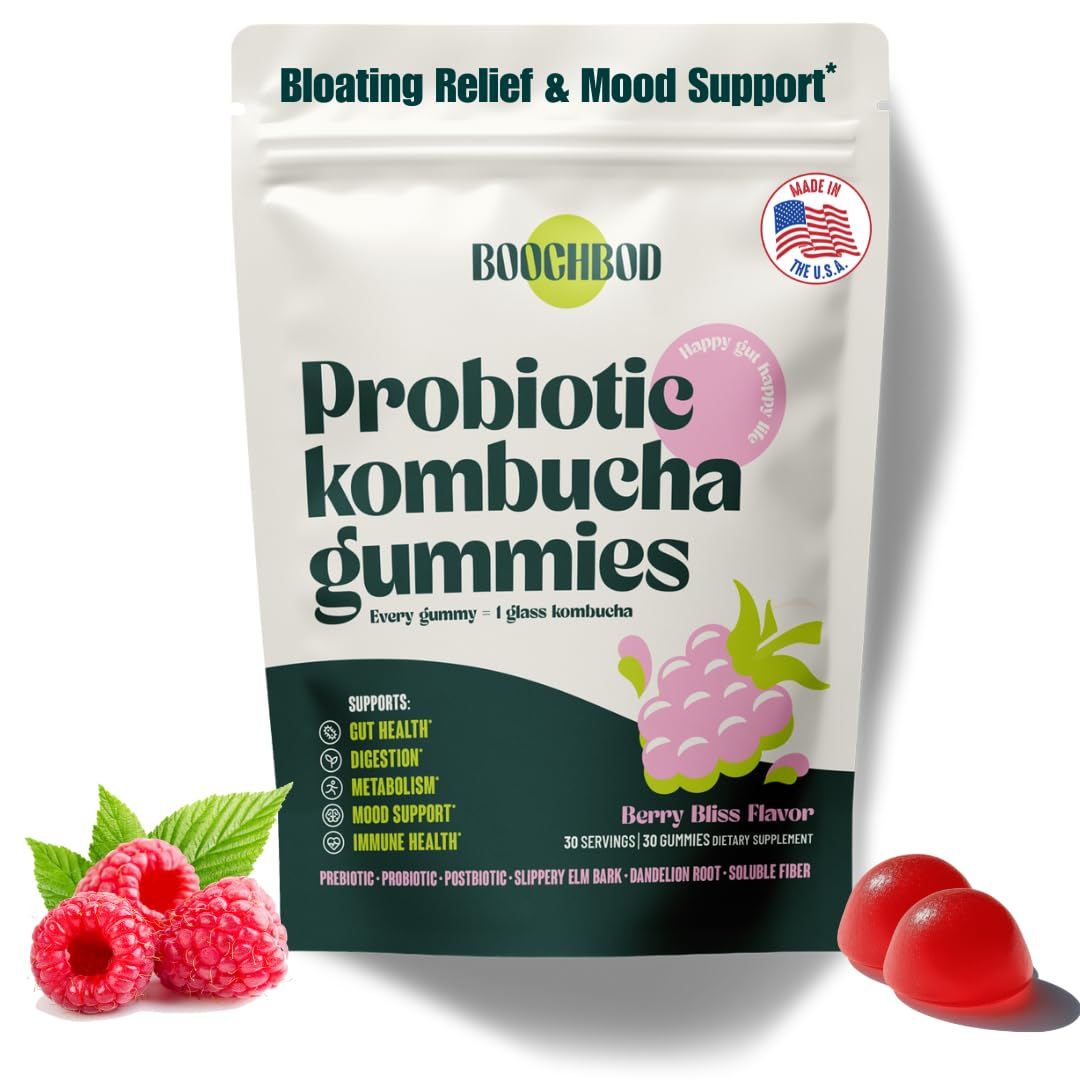 BoochBod - Probiotic Kombucha Gummy - Prebiotics, Probiotics, Postbiotics, Fiber Supplement, Slippery Elm, Dandelion Root, MCT Oil, for Bloating, Gut Health - Probiotics for Women, Probiotics for Men