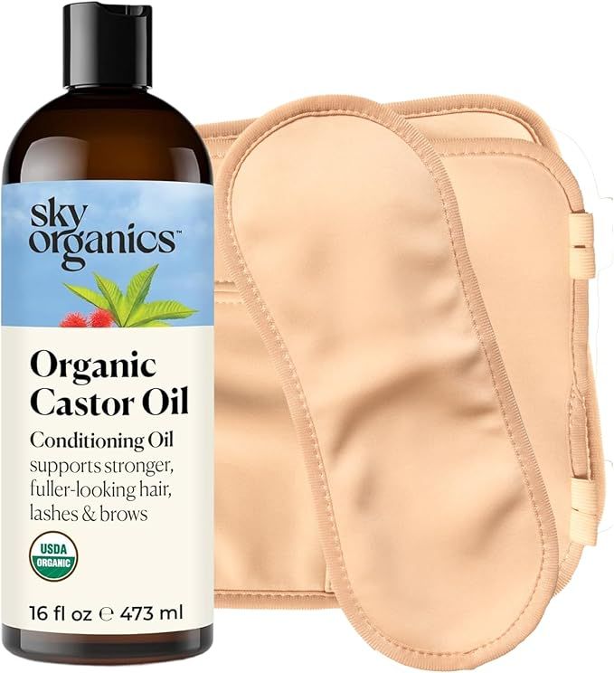 Sky Organics 16 Oz Castor Oil With Wraps | Reusable Organic Castor Oil Pack | Durable Cotton Adjustable Elastic Straps Easy To Use