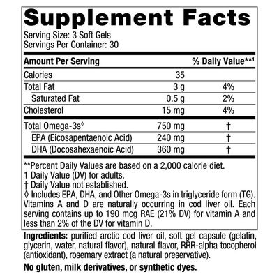Nordic Naturals Arctic Cod Liver Oil, Lemon - 90 Soft Gels - 750 mg Total Omega-3s with EPA & DHA - Heart & Brain Health, Healthy Immunity, Overall Wellness - Non-GMO - 30 Servings