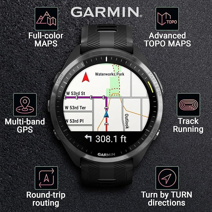Wearable4U - Garmin Forerunner 965 Premium GPS Running and Triathlon 47mm Smartwatch with AMOLED Touchscreen Display, Carbon Gray DLC Titanium Bezel with Black Silicone Band with Black Earbuds.