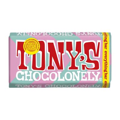 Tony's Chocolonely Everything Bar - Milk Chocolate, Crunchy Caramel, Almonds, Pretzel, Nougat and Sea Salt - 180g, Fairtrade