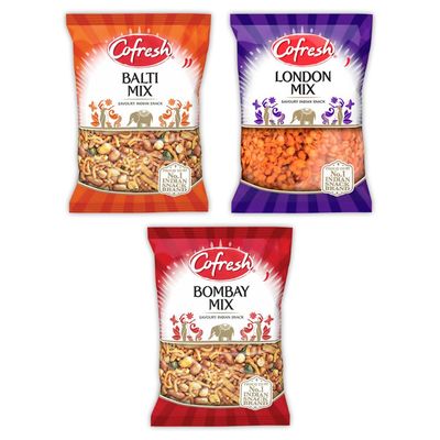Savory Indian Snack Mix Bundle of 3 - Balti Mix, London Mix, Bombay Mix - Authentic Crunchy - 325g Each Pack - Delicious Spicy & Flavorful Treats