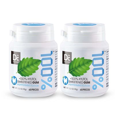 DC24 DAILY CARE 100% Xylitol Gum, No Aspartame, Sugar Free Peppermint Chewing Gum, Natural Flavors, Gluten Free, Vegan, 60 Pieces, Pack of 2