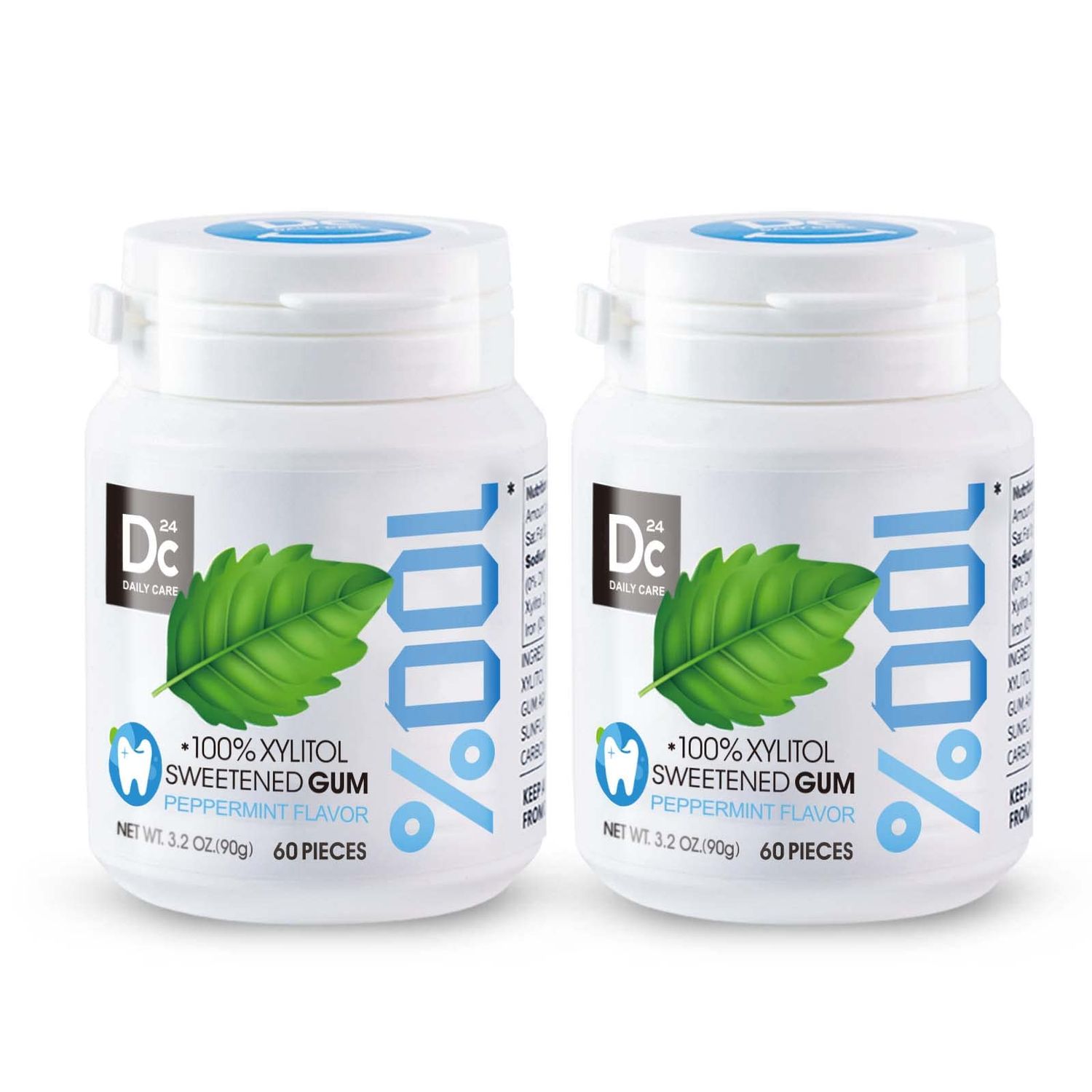 DC24 DAILY CARE 100% Xylitol Gum, No Aspartame, Sugar Free Peppermint Chewing Gum, Natural Flavors, Gluten Free, Vegan, 60 Pieces, Pack of 2