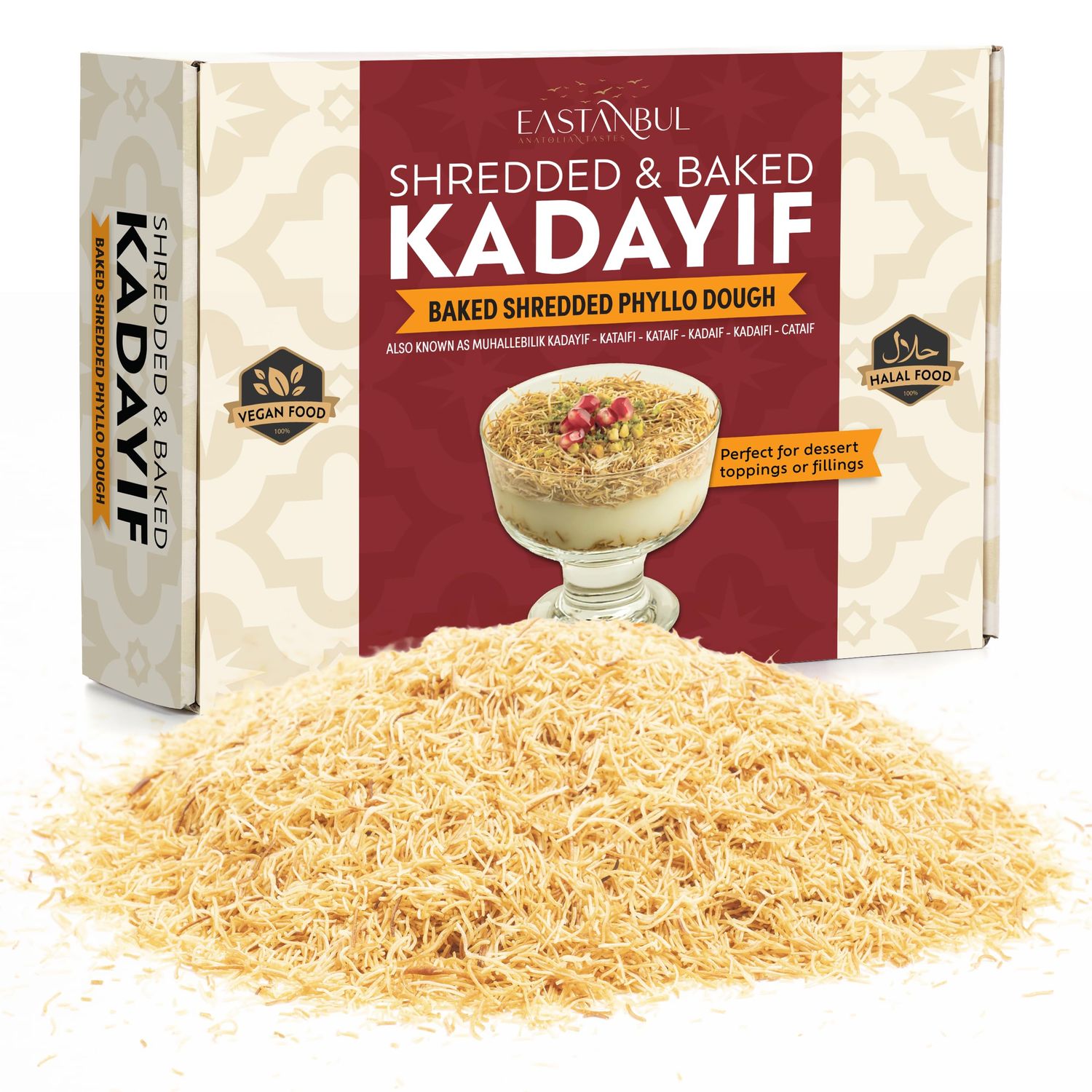 Eastanbul Baked &amp; Shredded Kataifi for Milk Pudding, Toasted Kataifi, Kadayif Pastry Dough for Dubai Chocolate, Shredded Fillo Dough, Katifi Muhallebi Kadaifi Sprinkles Crushed Roasted Katafi 250g