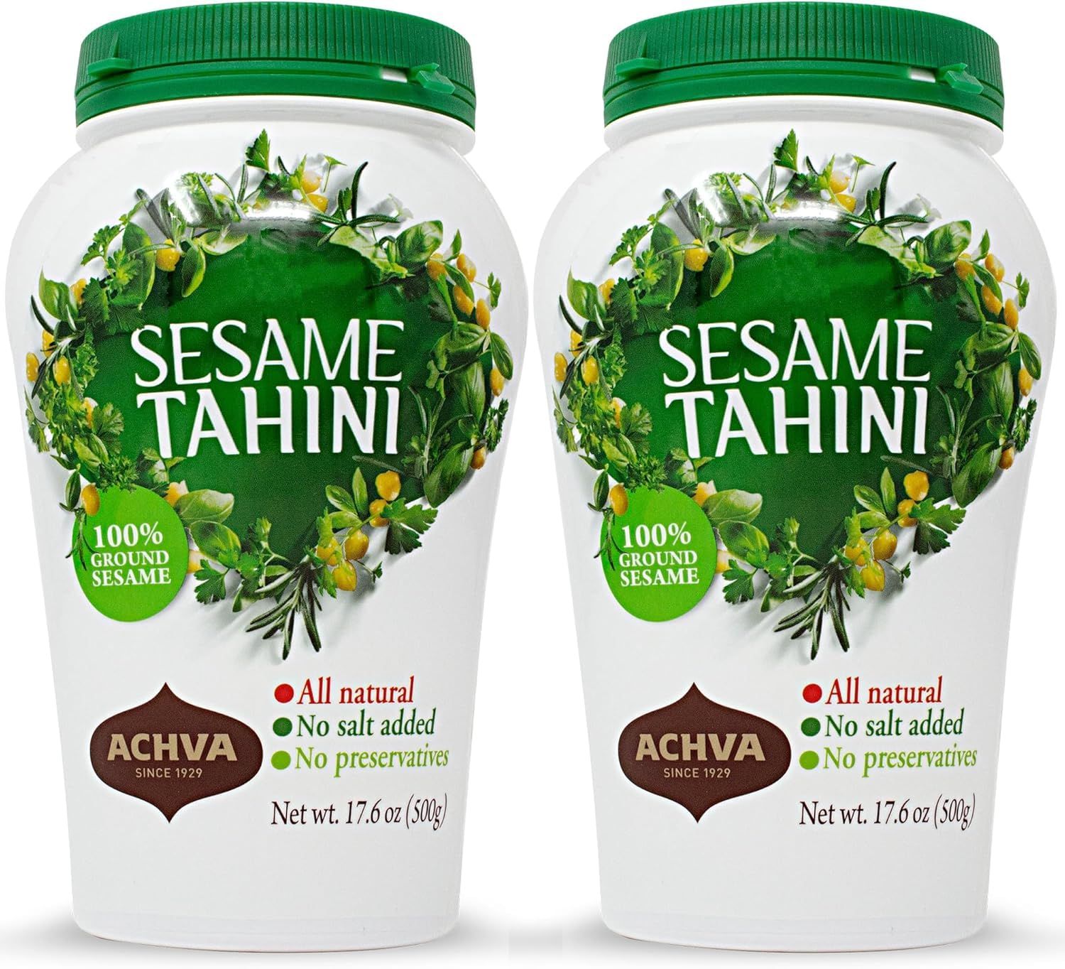 Achva Sesame Tahini Paste - Pack of 2 x 500G Roasted &amp; Pure Stone Ground Ethiopian Sesame Seeds - Rich Creamy Taste for Hummus &amp; Tahini Sauce - Kosher, Vegan, Gluten Free, Peanut Free &amp; Non-GMO