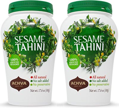 Achva Sesame Tahini Paste - Pack of 2 x 500G Roasted &amp; Pure Stone Ground Ethiopian Sesame Seeds - Rich Creamy Taste for Hummus &amp; Tahini Sauce - Kosher, Vegan, Gluten Free, Peanut Free &amp; Non-GMO