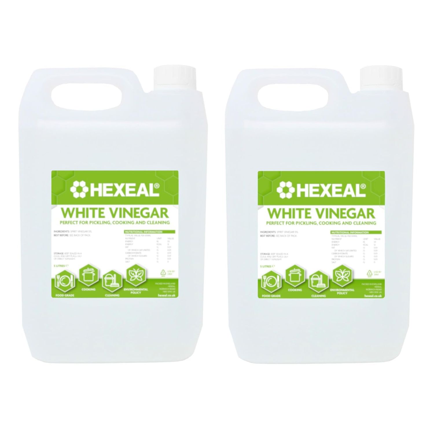 Hexeal White Vinegar 10L - 2 x 5L of Food Grade White Vinegar for Cooking, Cleaning, Pickling &amp; Baking - Cleans Surfaces, Deodorises &amp; Removes Grime