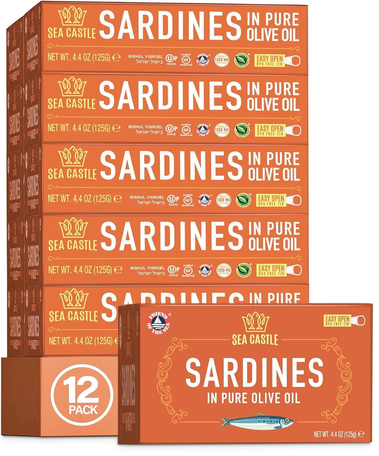 Sea Castle Sardines in Pure Olive Oil 125g (Case of 12) Rich in Omega 3, Easy Open BPA Free Tin, Kosher