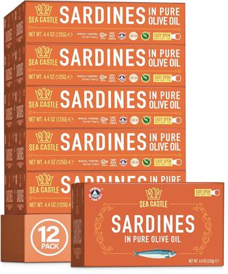 Sea Castle Sardines in Pure Olive Oil 125g (Case of 12) Rich in Omega 3, Easy Open BPA Free Tin, Kosher